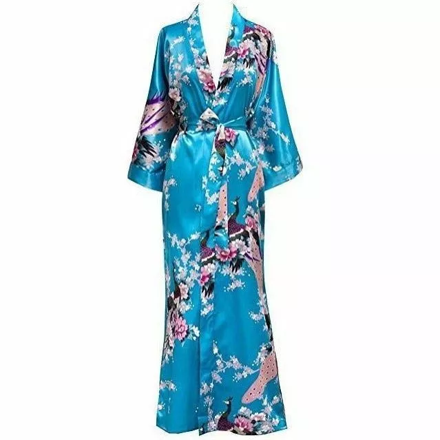 Taglie Forti Donna Lungo Vestaglia Stampa Fiore Pavone Kimono Bagno Abito Sposa