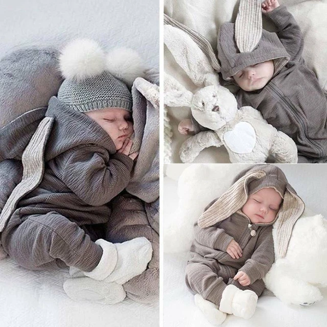 Boys Girls Kid Rabbit Ear Bunny Hooded Romper Jumpsuit Outfits Easter Clothes