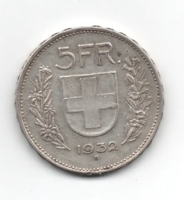 Beautiful 1932 Swiss 5 Franc Coin Silver