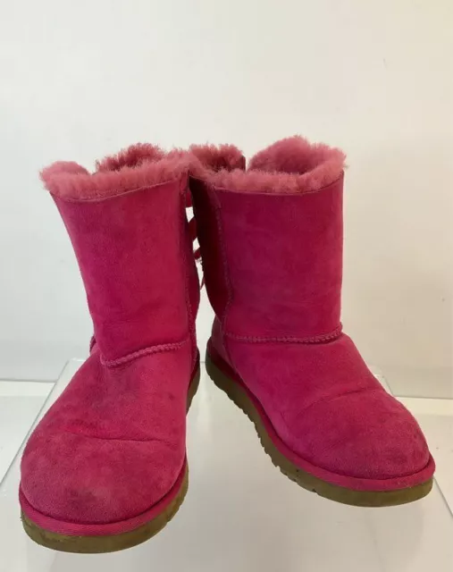 UGG Australia Bailey Bow II Pink Suede Sheepskin-Lined Boots Kids Size 4