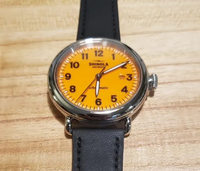 Shinola Runwell Automatic Watch With 45mm Orange Face & Black Leather Band