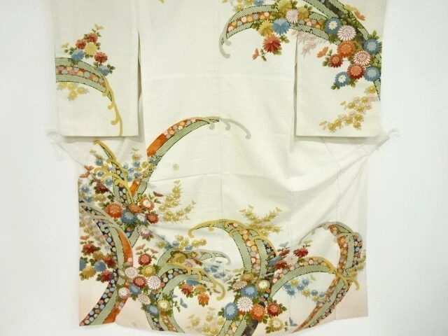 40825# Japanese Kimono / Antique Kimono / Rough Waves With Kiku
