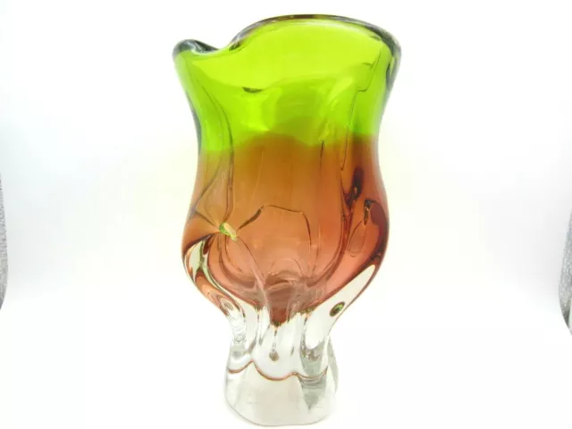 Beautiful Chribska sommerso style art glass tulip vase vibrant green and orange