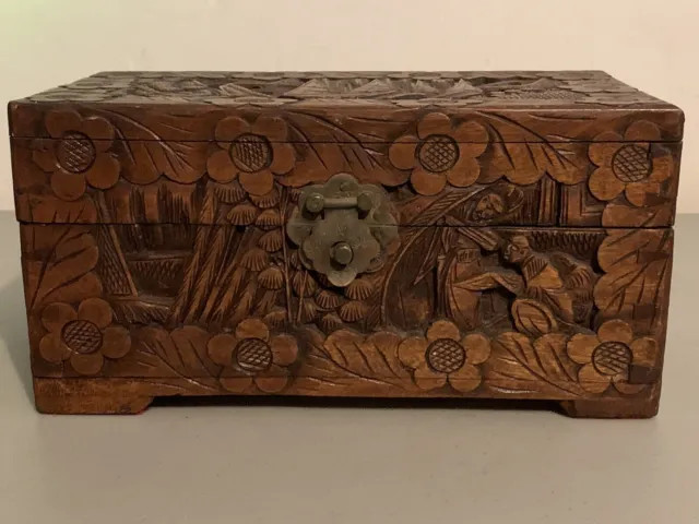 Vintage Hand Carved Asian Hard Wood Jewelry Trinket Box Clean 9.5" x 5.5" x 5"