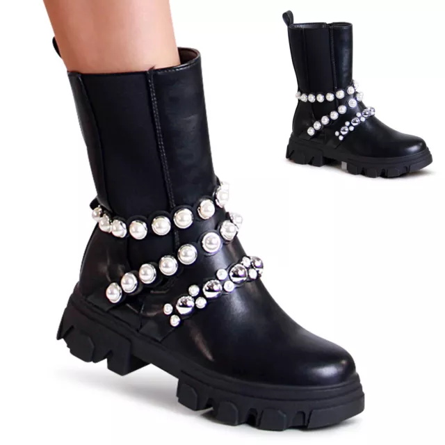Chaussures Femme Plateforme Bottines Moitié Bottes Court Chelsea Perles