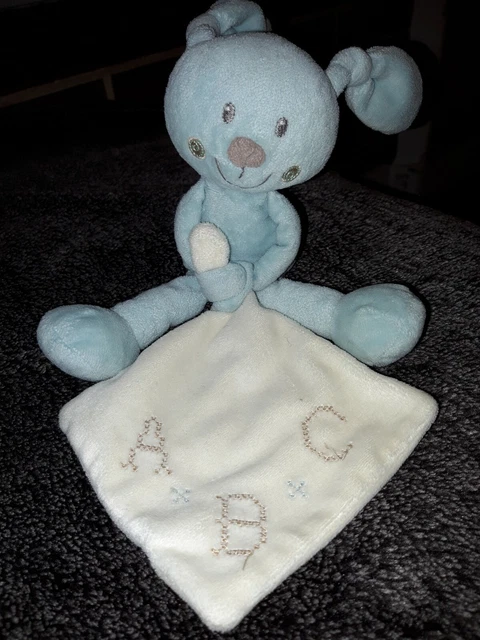 Doudou peluche lapin bleu mouchoir écru brodé ABC Pommette tbe
