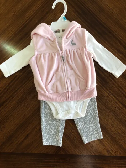 Carters Baby Girl 6M 3 Piece Outfit  Long Sleeve, Long Pants, Vest With Hood