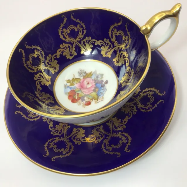 Aynsley JA Bailey Pink Cabbage Rose Gold Scroll On Cobalt Blue Tea Cup & Saucer