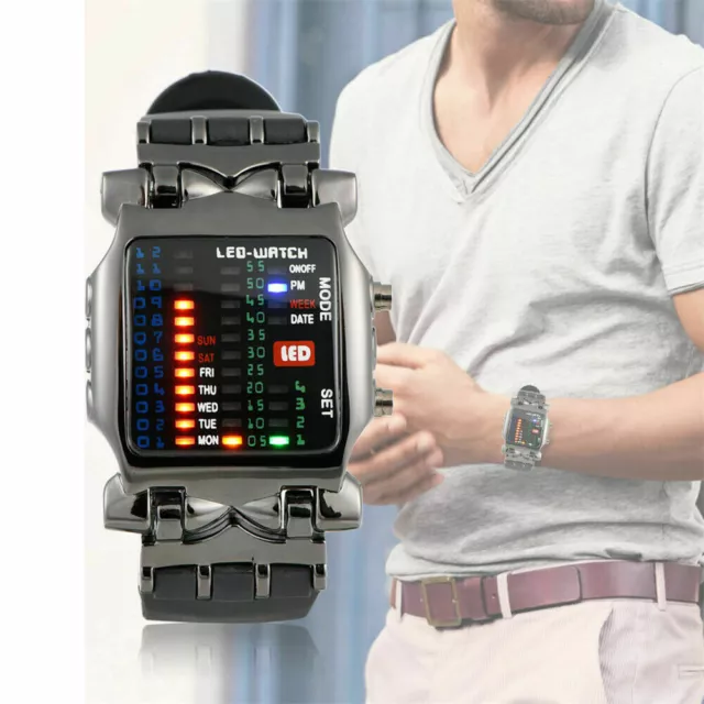 LED Binary Digital Watch Mens Fashion Casual Sport Wrist Watches Band Strap Cool 2