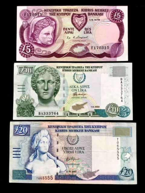 Cyprus. Set Of Three Banknotes. £5, £10, £20. Scarce.