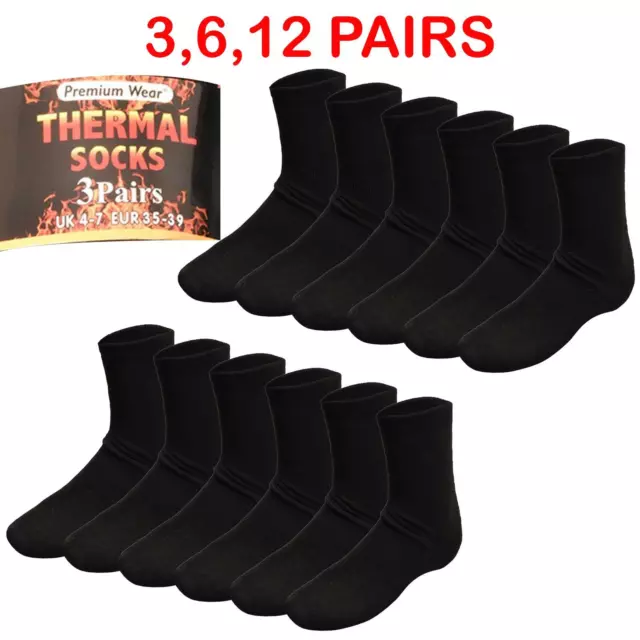 Womens Thermal Socks 3,6,12 Pairs Black Winter Warm Ski Walking Boot Adults 4-7