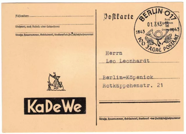 DR Orts-PK "KaDeWe" SoSt 1.3.43 Berlin O 17 "100 Jahre Postamt" mit W 76 ?