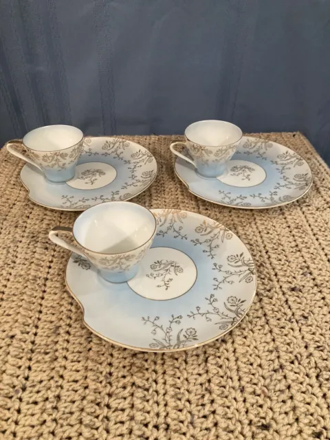3 Sets of Vintage Decorated Porcelain Snack Plates & Cups. Excellent Condition.