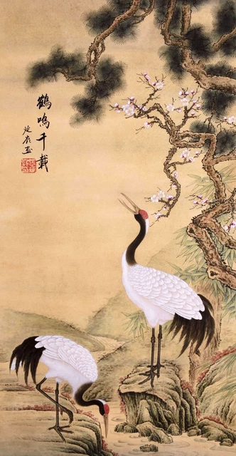 ORIENTAL FINE ART CHINESE FAMOUS WATERCOLOR PAINTING-Crane birds&Plum blossom