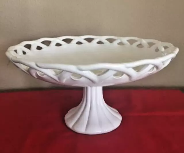 Large Milk Glass Compote Pedestal Fruit Bowl Open Lace Edge Pattern Pre-Owned