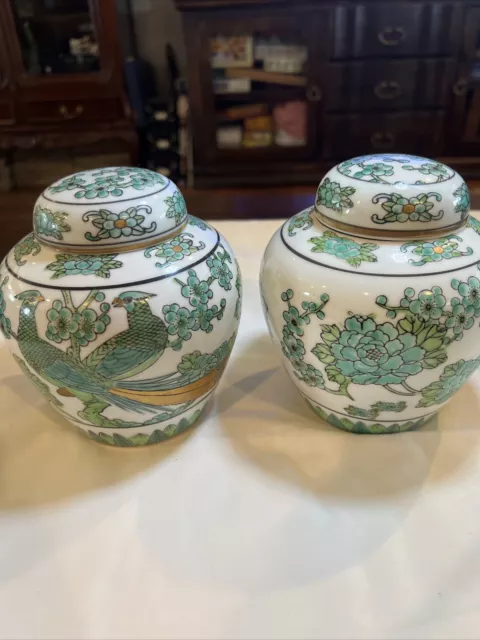 Vtg Pair 2 Gold Imari Hand Painted Porcelain Ginger Jar Vase Japan - Birds Match