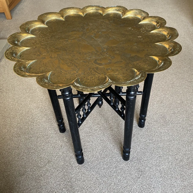 LARGE ANTIQUE INDIAN Carved Folding Side Table Brass Pie Crust Top £175