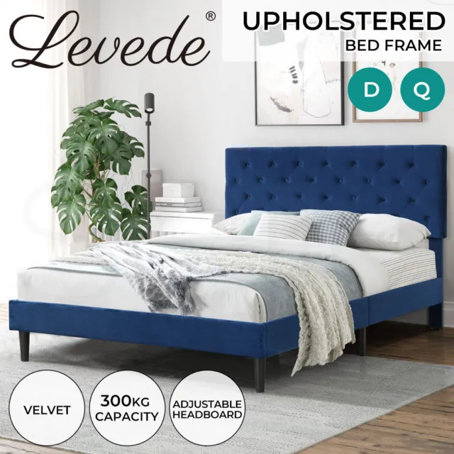 Levede Queen Bed Frame Wooden Velvet Mattress Base Platform Adjustable Headboard