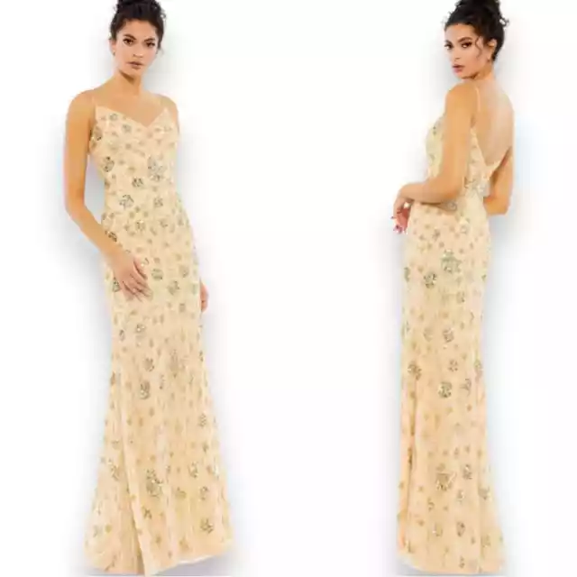 MAC DUGGAL DRESS Gown Floral Evening Gold Sequin Formal Prom Maxi ...