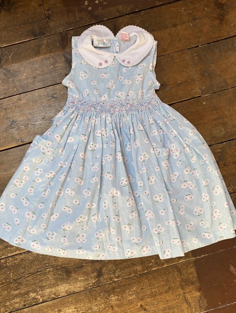 Abito floreale vintage per ragazze blu chiaro smockato età 6 anni 6-7 matrimonio anni '90