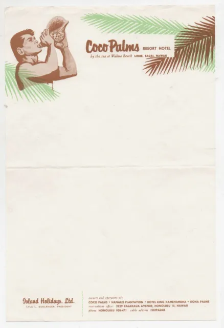 Graphic 1950s Stationary from the Coco Palms Resort Hotel Lihue kauai Hawaii