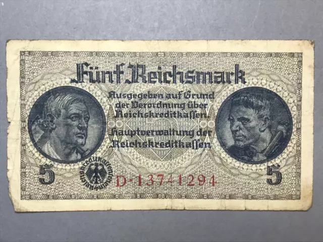 5 Reichsmark Nazi Germany Currency  Bill Swastika Ww2