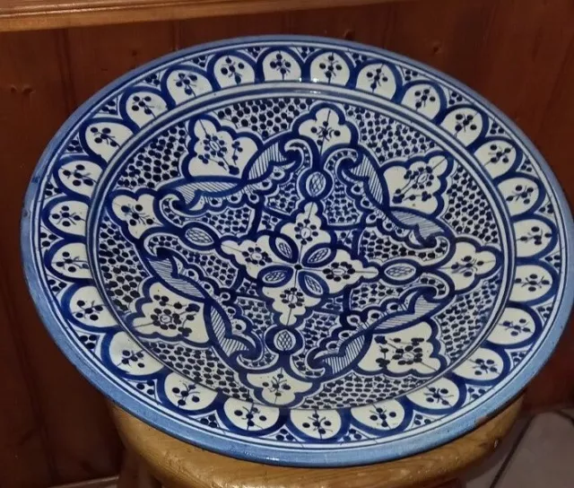 grand plat marocain céramique bleu signé safi diamètre 40 cm TBE
