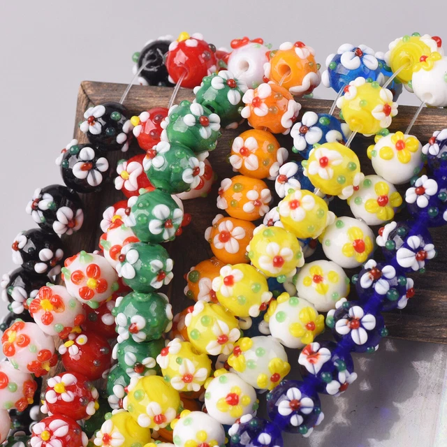 10 Stück Rund Handgefertigt Lampwork Blume Glas Perlen Schmuckherstellung