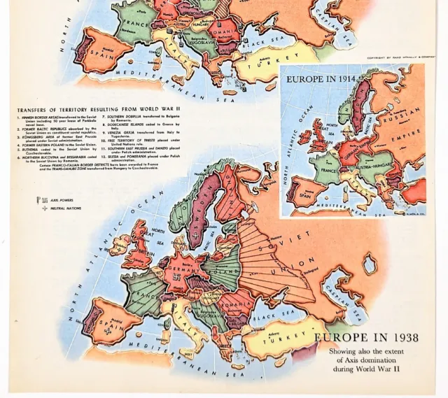 1956 Europe Map Wwii Transfers Of Territory Nazi Germany 1914-1938 France Spain