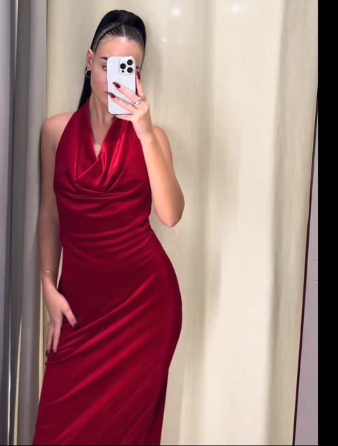 red velvet zara dress maxi holiday velour Halter in Burgundy wedding party evening Zara Draped Velvet Red Dress