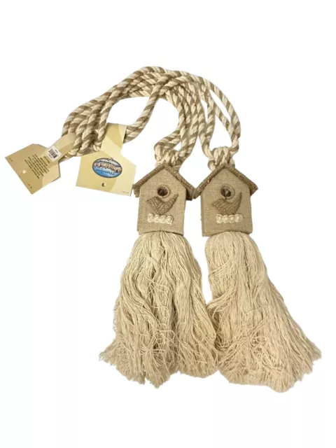 Natural Jute Curtain Tassel Tie Backs with Birdhouses Large Country House Set 2