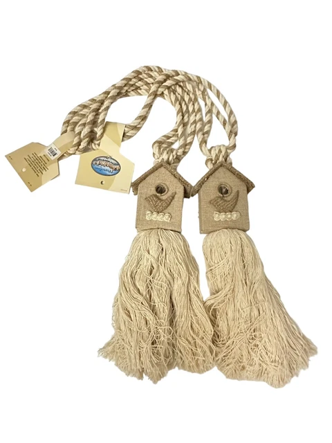 Natural Jute Curtain Tassel Tie Backs with Birdhouses Large Country House Set 2