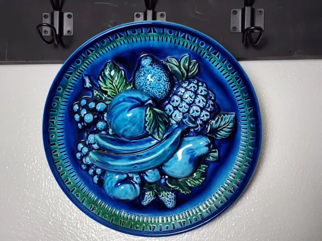 Vintage INARCO Japan Majolica Fruit Capodimonte Indigo Blue Deco Plate E-2532