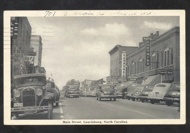 Laurinburg North Carolina Downtown Main Street Scene Old Cars Vintage Postcard