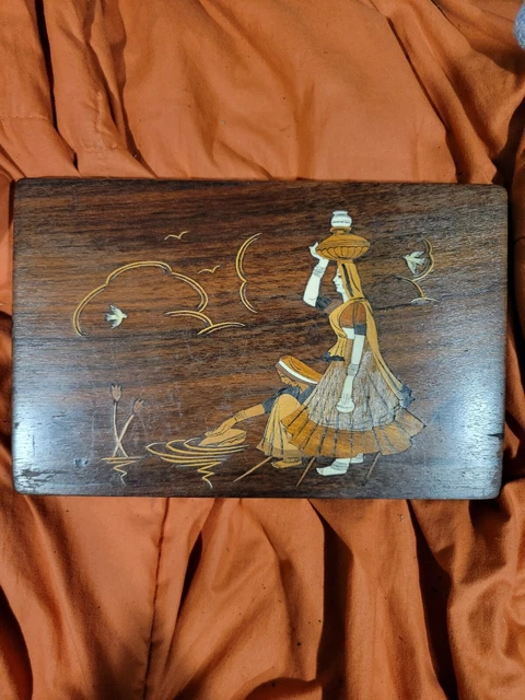 VTG MARQUETRY INLAID CARVED WOOD IVORY PLAQUE PICTURE Standing Table Art