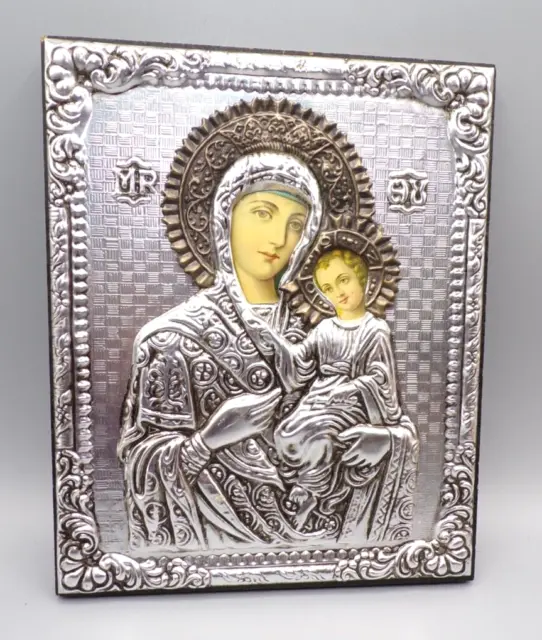 Vintage Russian Icon Madonna & Child 3D High Relief Silver & Gold Metal