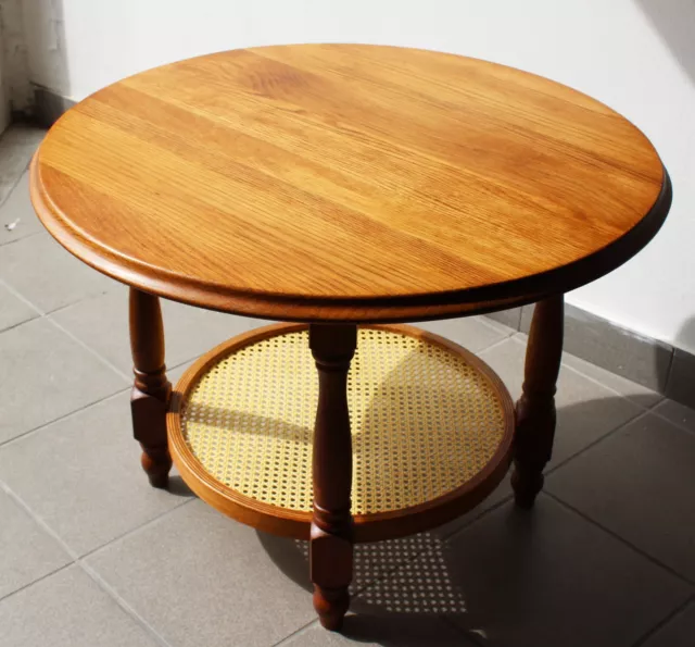 Tavolo in legno di rovere e paglia di vienna rattan tavolino restaurato 1950s