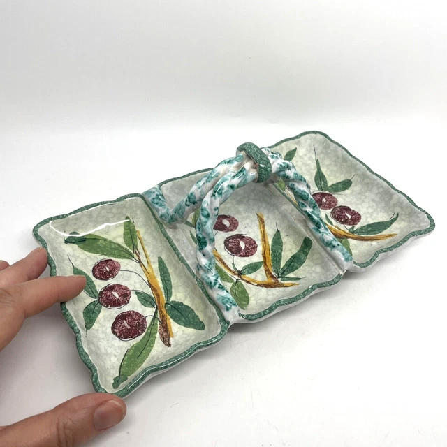 VTG Italian Majolica Pottery Candy Dish Cherries Chery Fruit Green Divided