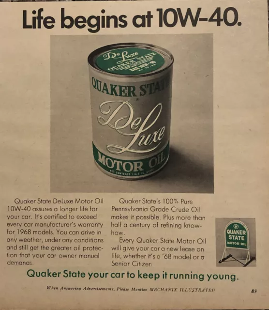 PRINT AD 1968 Quaker State DeLuxe Motor Oil Life Begins At 10W-40 VTG 6”x7” Ad