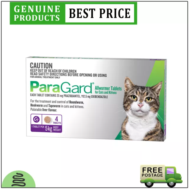 PARAGARD Allwormer 4 Doses for Cats 5 Kg PURPLE Roundworm Tapeworm Control