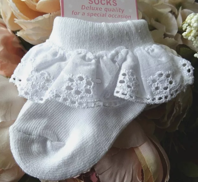 Baby Girl Socks White Frilly Broderie Anglaise Lace Party Christening 0 3 6 12m