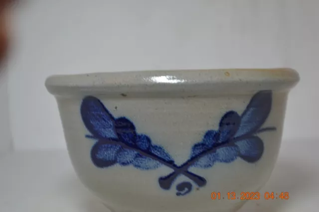 1988 Rowe Pottery Salt Glaze Blue Decorated Crossed Leaves Crock