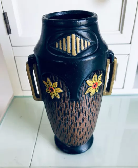 Ausgefallene Jugendstil Keramik Vase mit zwei Henkel ,signiert