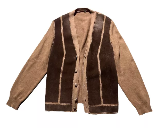 Vintage Mens Knit Sweater Cardigan Size 52 Brown Suede Button Front 60s 70s