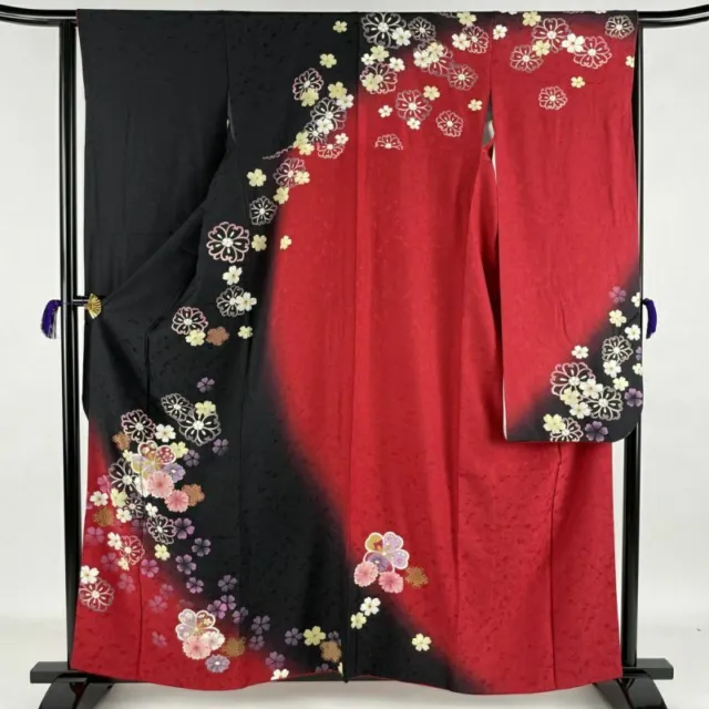 Woman Japanese Kimono Furisode Silk Black Red Sakura Flower Gold Foil