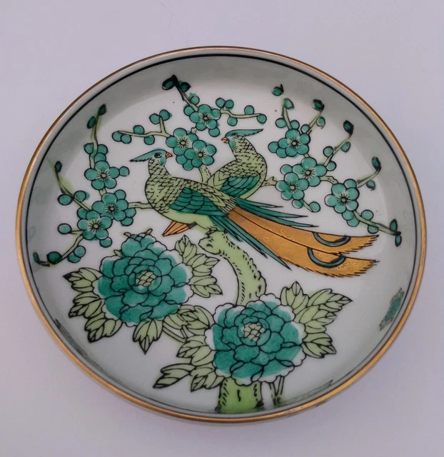 Vtg Gold Imari Dish Hand Painted Japanese Green & Blue Peacock Trinket Tray 5.5"