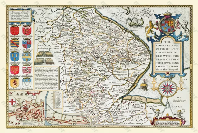 OLD MAP OF LINCOLNSHIRE 1611 BY JOHN SPEED 24" x 16" PHOTOGRAPHIC PRINT