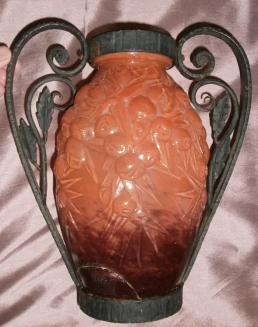Vase art déco verre soufflé moulé & monture fer forgé - accidenté