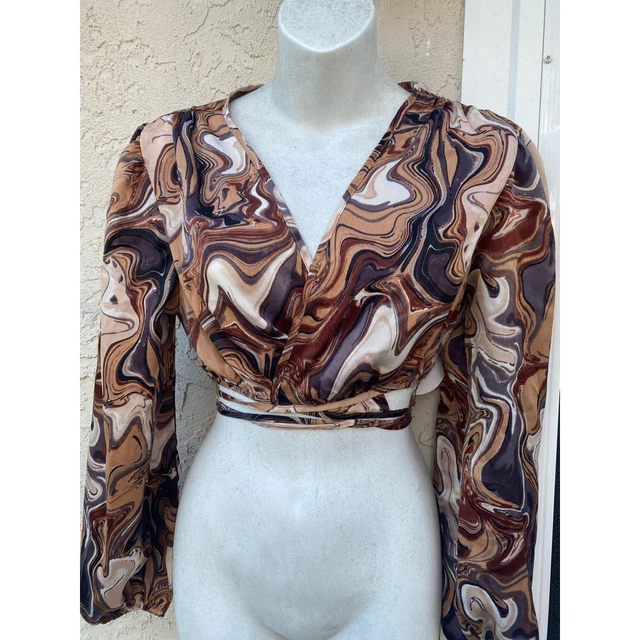 Rabbit Rose Donna Top Avvolgente Marrone Beige Abstract Manica Lunga Corto Artsy