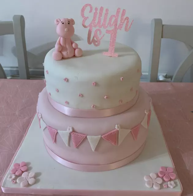 Happy 1st Birthday Cake Topper Baby Pink Glitter Any Name or Age - FREE UK P&P